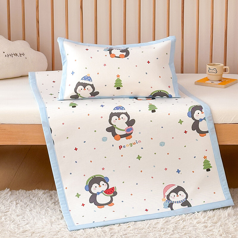 罗兰家纺儿童冰丝凉席600D婴儿床凉席幼儿园午睡凉席凉感空调席裸睡软席 HSH 儿童冰丝凉席-波点企鹅 56*100cm【单席】