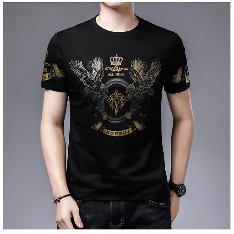 阿玛尼（ARMANI）意大利正品曼专柜新品纯棉短袖T恤男夏季时尚潮流百搭圆领烫金男T 十大奢侈品男装国际一线品牌黑色 M 165_(100-120斤)