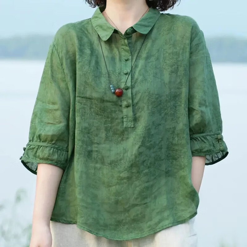 妈妈夏装精仿天丝苎麻T恤洋气上衣新款套装中年女装中袖麻棉衬衫L 薄荷绿 2XL (105-120斤)