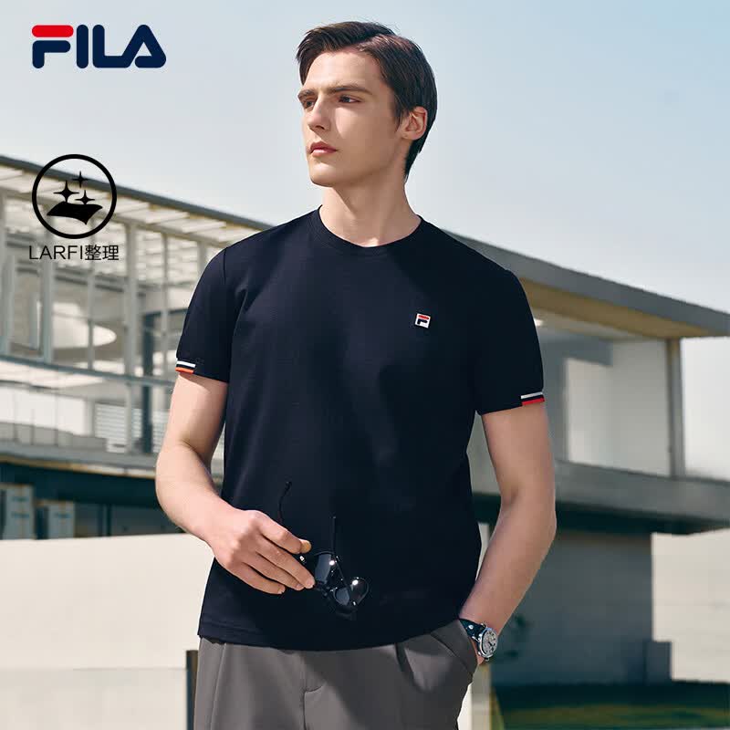 FILA 斐乐官方男子针织短袖衫夏新款时尚休闲简约基础圆领T恤 传奇蓝-NV XL 180/100A/XL