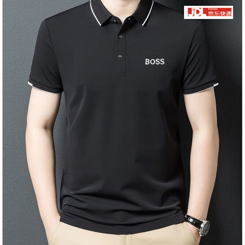 BOSS夏季新款时尚纯色休闲男士短袖POLO宽松翻领T恤上衣 黑色 S x  165/84A