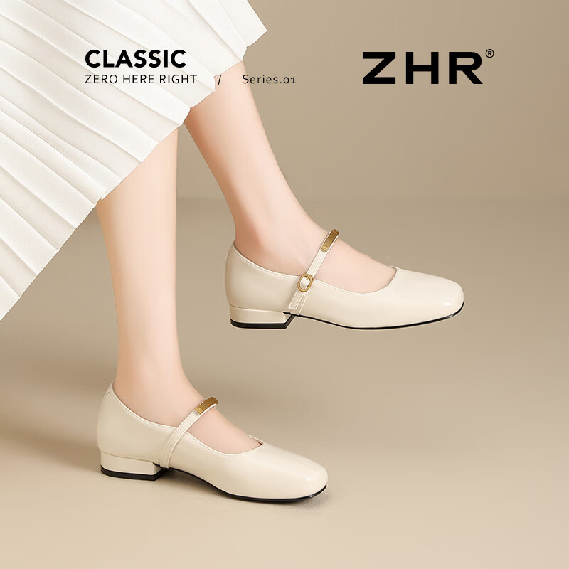 ZHR则则粗跟玛丽珍鞋女新款夏季复古浅口单鞋软底通勤女鞋 米色 37