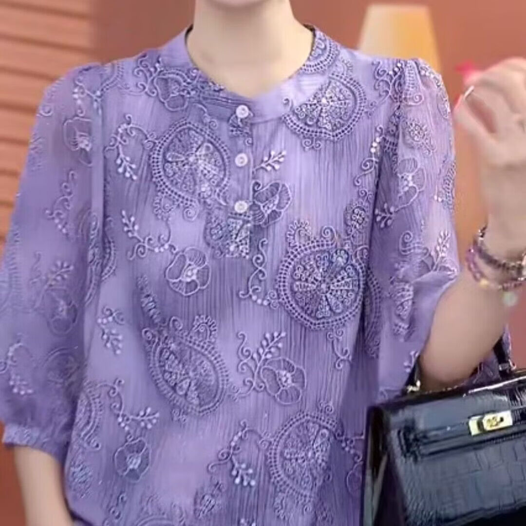 2026新款七分袖春夏薄款外穿冰丝衬衫女大码胖mm遮肉显瘦防晒小衫 紫色 3XL （130-139斤）