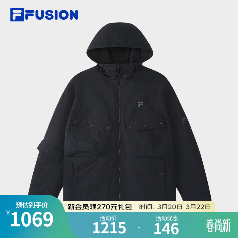 FILA FUSION斐乐潮牌梭织外套男2026春新款时尚宽松连帽工装上衣 正黑色-BK L 175/96A/L