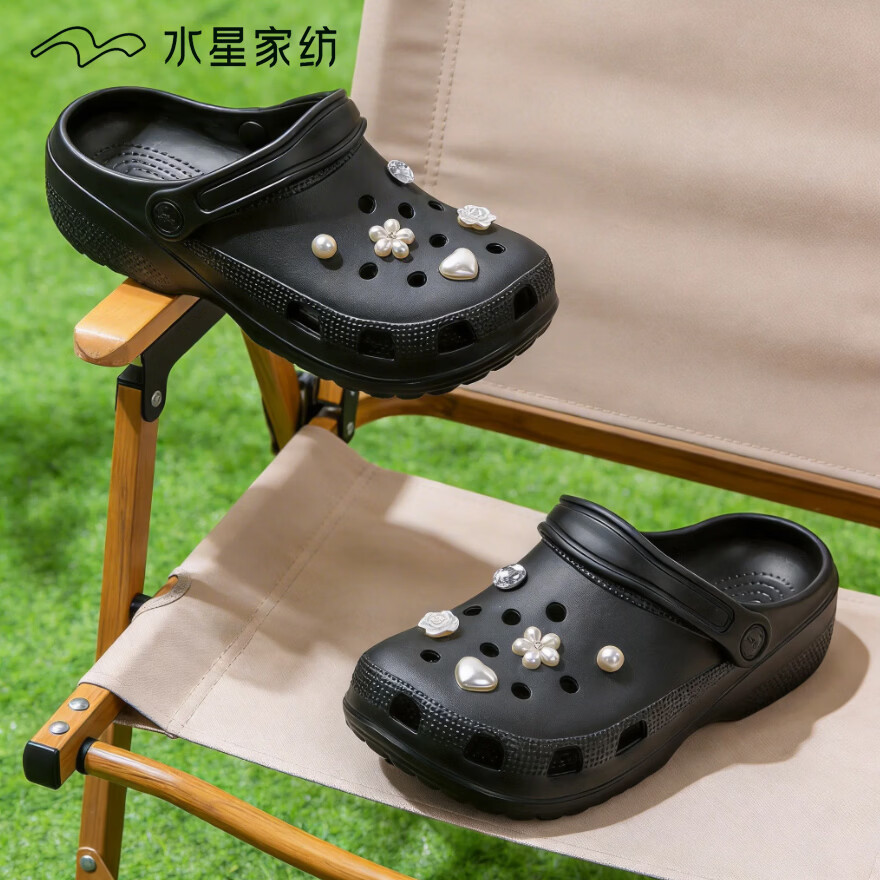 水星家纺洞洞鞋女士夏季新款外穿DIY包头凉鞋厚底休闲运动沙滩情侣拖鞋男 深黑色+小雏菊 36-37 【适合35-36码脚】