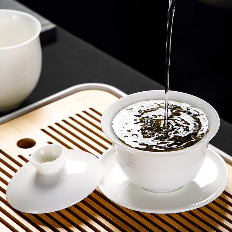 溥畔羊脂玉白瓷功夫茶具套装2026新款白玉盖碗茶杯泡茶具 香雪侧把壶15头+品圣268