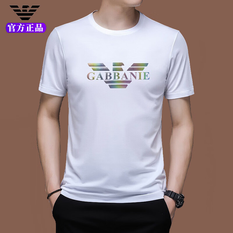 GABBANIE正品品牌桑蚕丝圆领高端透气男士短袖t恤夏装新款冰 丝半袖 十大奢侈品男装国际一线品牌白色 L 170_(适合体重120-135斤)