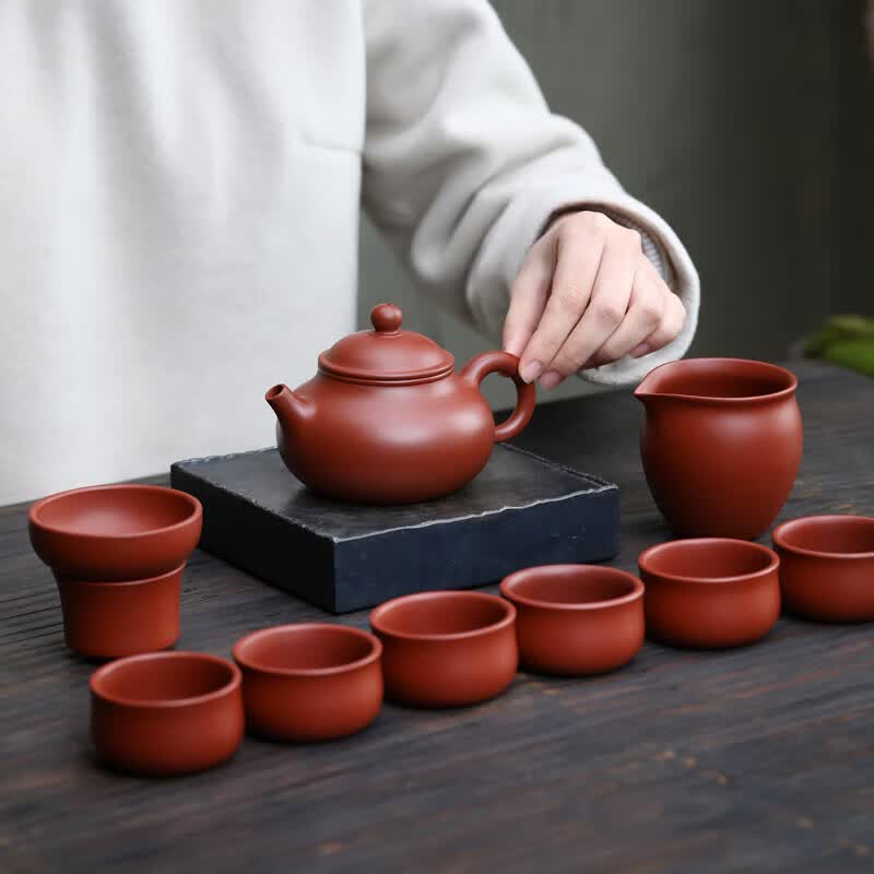 京峰阁 茶具套装 宜兴原矿全手工容天泡茶壶整套高档轻奢紫砂壶家用送礼 全手工容天紫砂壶套组【吴亚维】 6人饮 10件