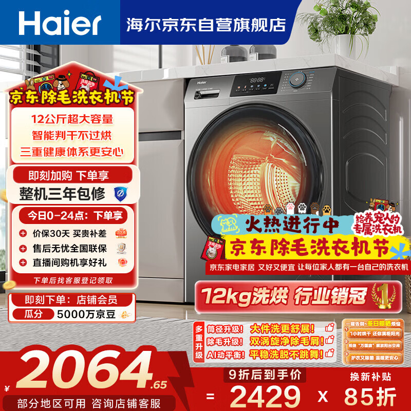 海尔（Haier）滚筒洗衣机全自动家用带烘干 洗烘一体 12公斤大容量超薄 家电国家补贴自营50DS 一级能效以旧换新