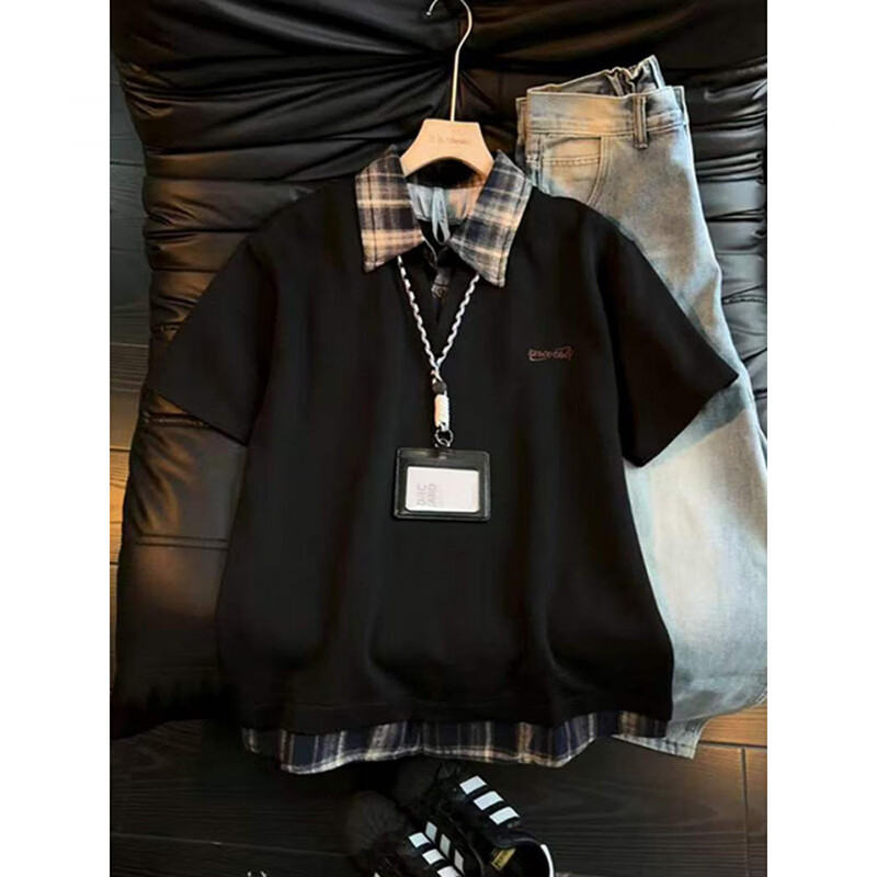 轩森图（XUANSENTU）假两件拼接衬衫领t恤男款夏季重磅美式复古短袖感半袖Polo衫潮 413-HT105黑色 XL (推荐130-145斤)