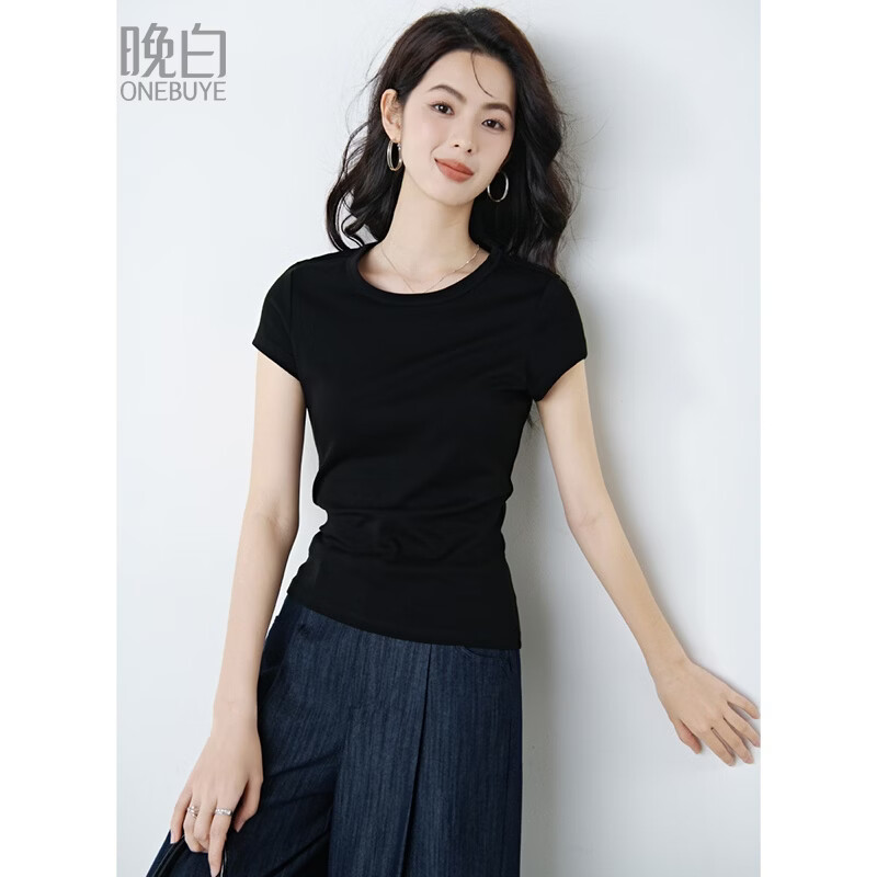 晚白【纸片人瘦瘦T】2026年春夏款圆领正肩棉T上衣百搭黑色短袖t恤女 黑色 L