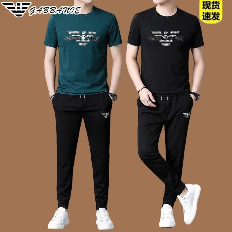阿玛尼(ARMANI)意大利正品夏季潮流男士运动套装休闲速干跑步冰 丝短袖T恤两件套 十大奢侈品男装国际一线品牌AG_8803款-白色 2XL 180_
