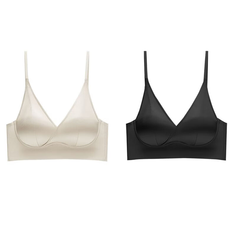 【买1送1】法式性感缎面无痕内衣带胸垫乳胶无钢圈美背一体式内衣 黑色+卡其色【2件装】 2XL 建议140-160斤