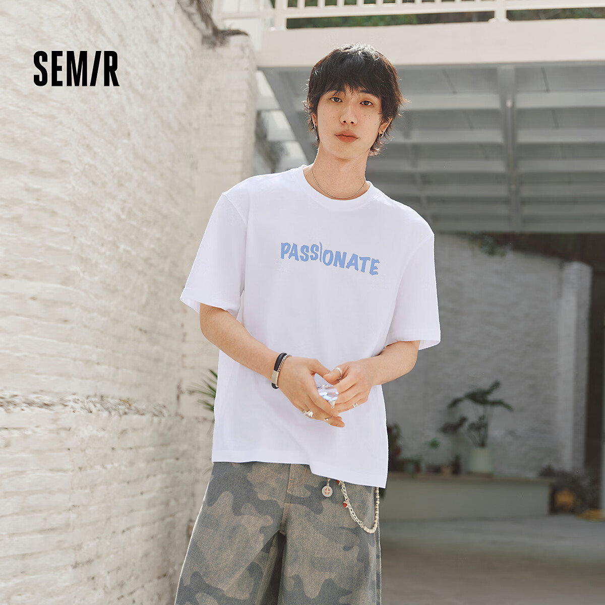 森马(Semir)【多巴胺T】短袖T恤男26夏季新款速干打底衫字母印花情侣上衣t恤 漂白10007 XL