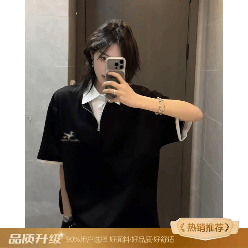 轩森图（XUANSENTU）假两件拼接衬衫领T恤男夏季美式复古拉链短袖上衣学院风半袖上衣 413-HT107黑配白领 升级款 L (170)