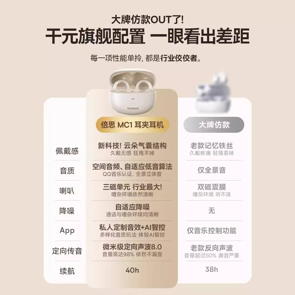 BASEUS耳机蓝牙不伤耳朵2026新款耳夹式开放式气骨传导无线不入耳运动跑步高音质耳机运动跑步专用耳机 白色 【冰川】—白    开放式不入耳运动耳机