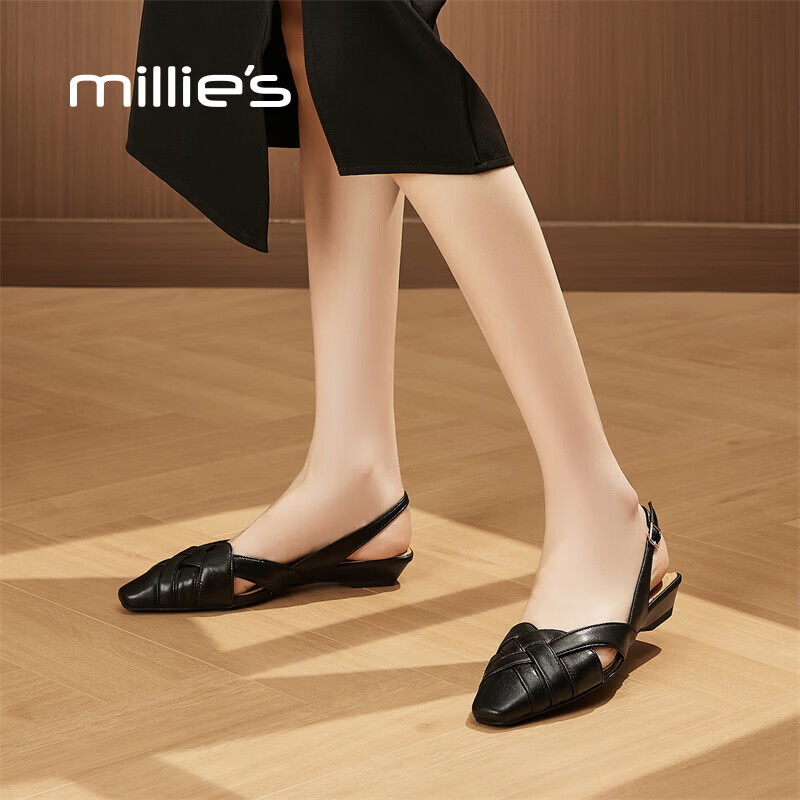 妙丽（Millies）凉鞋女包头低跟编织复古后绑带休闲百搭2025夏季新款 黑色 38 (240mm) 标准码