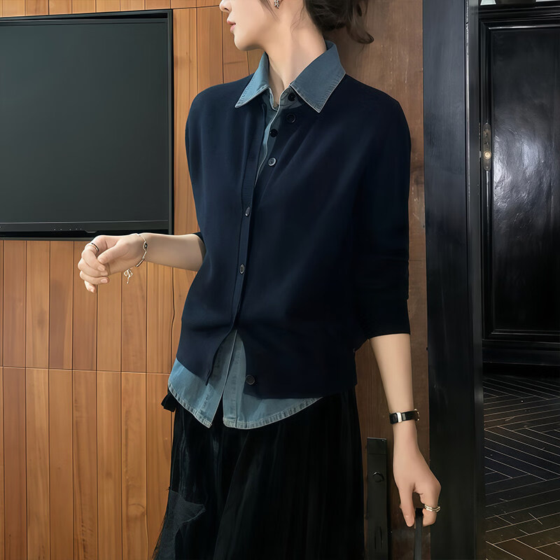 MODX时髦牛仔拼接假两件开衫上衣女士2026新款春春装时尚气质内搭衬衫 藏青色假两件衬衫 2XL 建议130-145斤