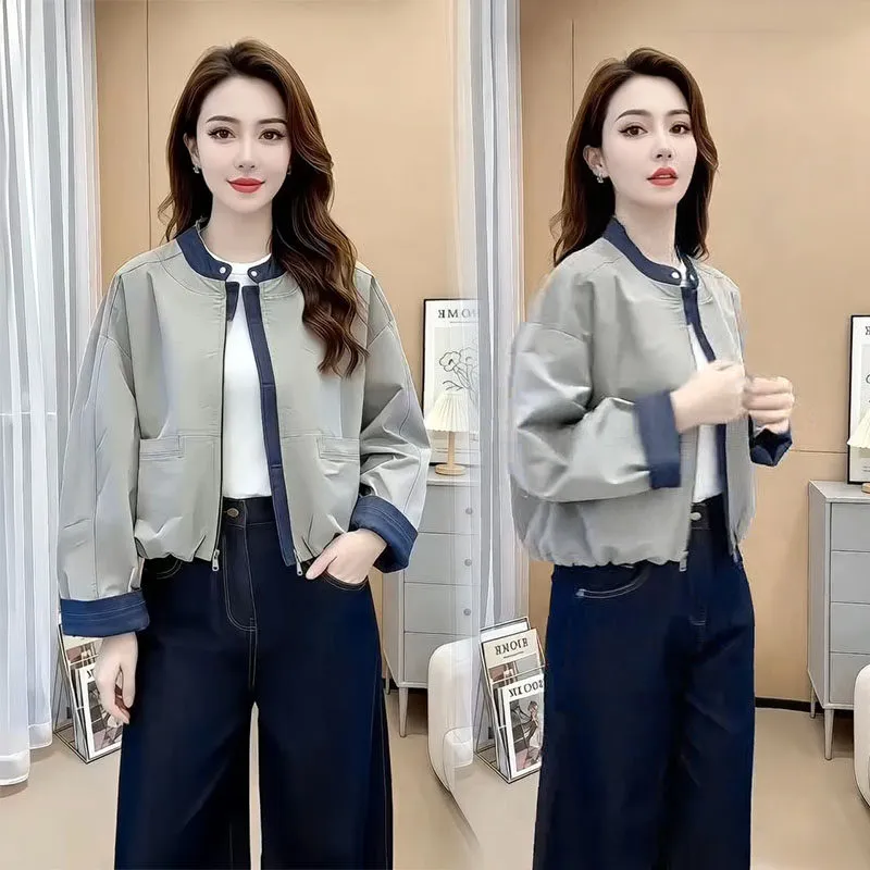 韩版设计感宽松立领撞色拼接短外套女2026春季新款夹克棒球服 棒球服外套 L 【建议105-120斤】