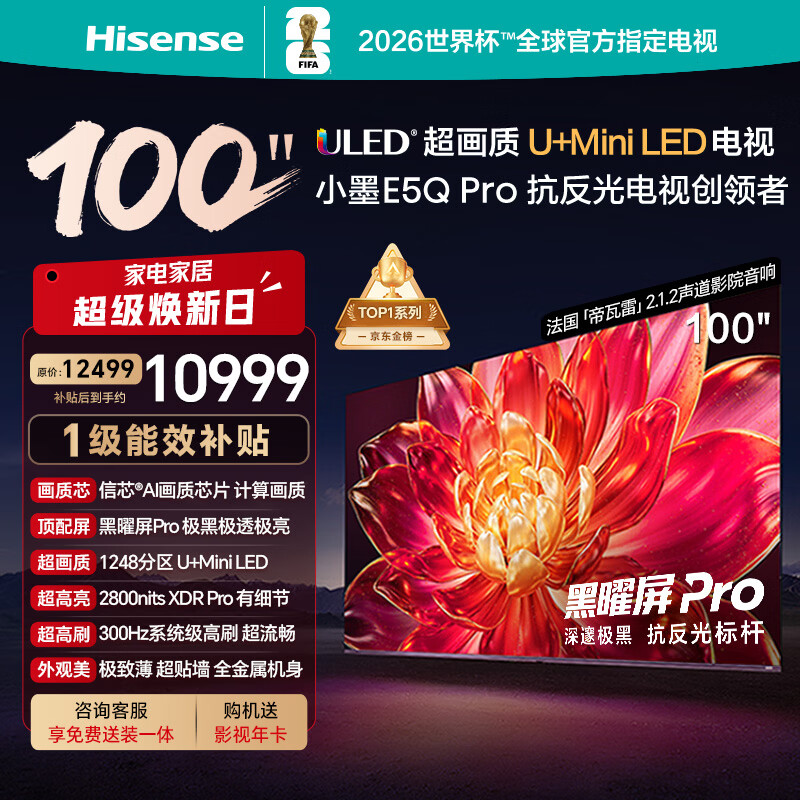 海信电视小墨E5Q Pro 100吋 1248分区U+MiniLED 信芯芯片极黑极透黑曜屏Pro国家补贴世界杯100E5Q-PRO