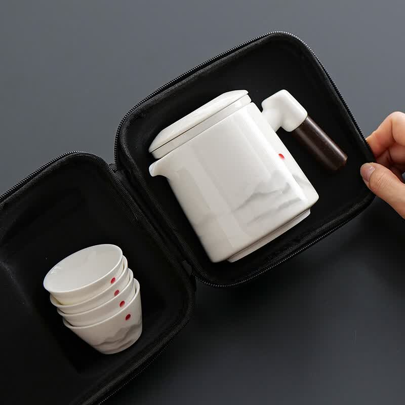溥畔便携式旅行茶具套装德化陶制 一壶四杯户外露营功夫茶具 清韵一壶四杯[四色]山水之间带罐（黑色）+橙色方
