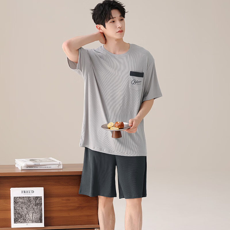 都市丽人睡衣男士冰丝凉感夏季薄款休闲大码圆领短袖短裤家居服套装可外穿 男士短袖短裤套装-浅灰色 L （建议105-135斤） （建议135-155斤） 