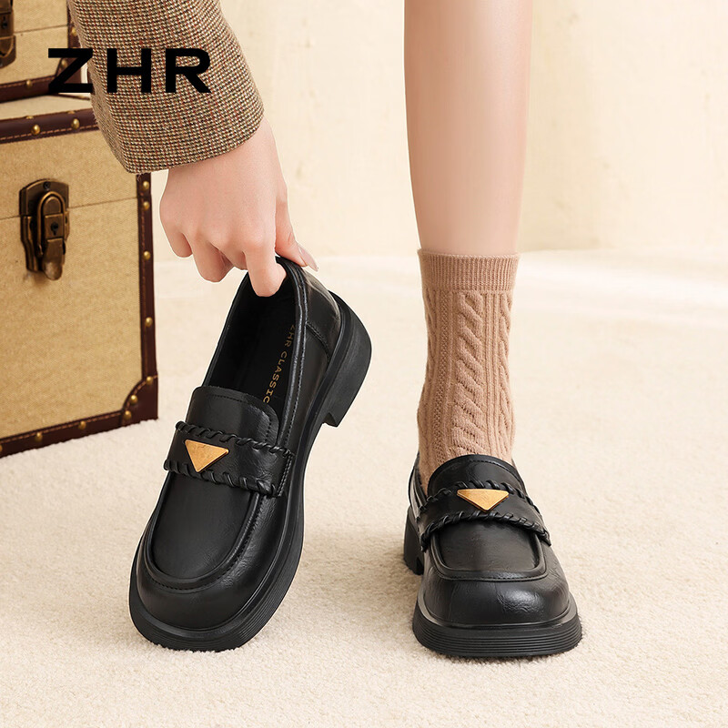 ZHR则则女鞋2026新款乐福鞋女英伦小皮鞋女软底一脚蹬JK单鞋女 黑色 37
