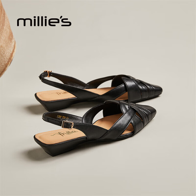 妙丽（Millies）凉鞋女包头低跟编织复古后绑带休闲百搭2025夏季新款 黑色 38 (240mm) 标准码