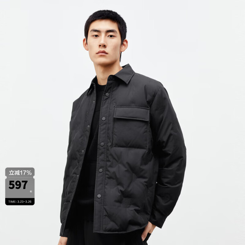 太平鸟男装连帽羽绒服25年冬季合集羽绒服 压印衬衫羽绒服黑色 XL