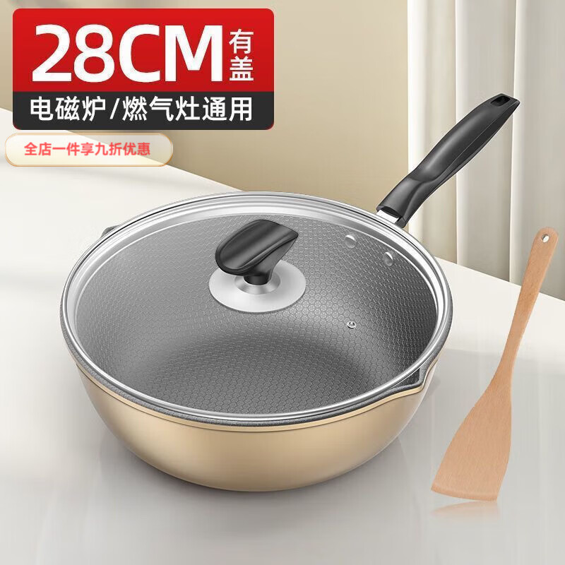 兰琦欧炒锅不粘锅平底锅煎锅多功能炒菜锅电磁炉燃气灶通用 28.1CM带盖 1寸
