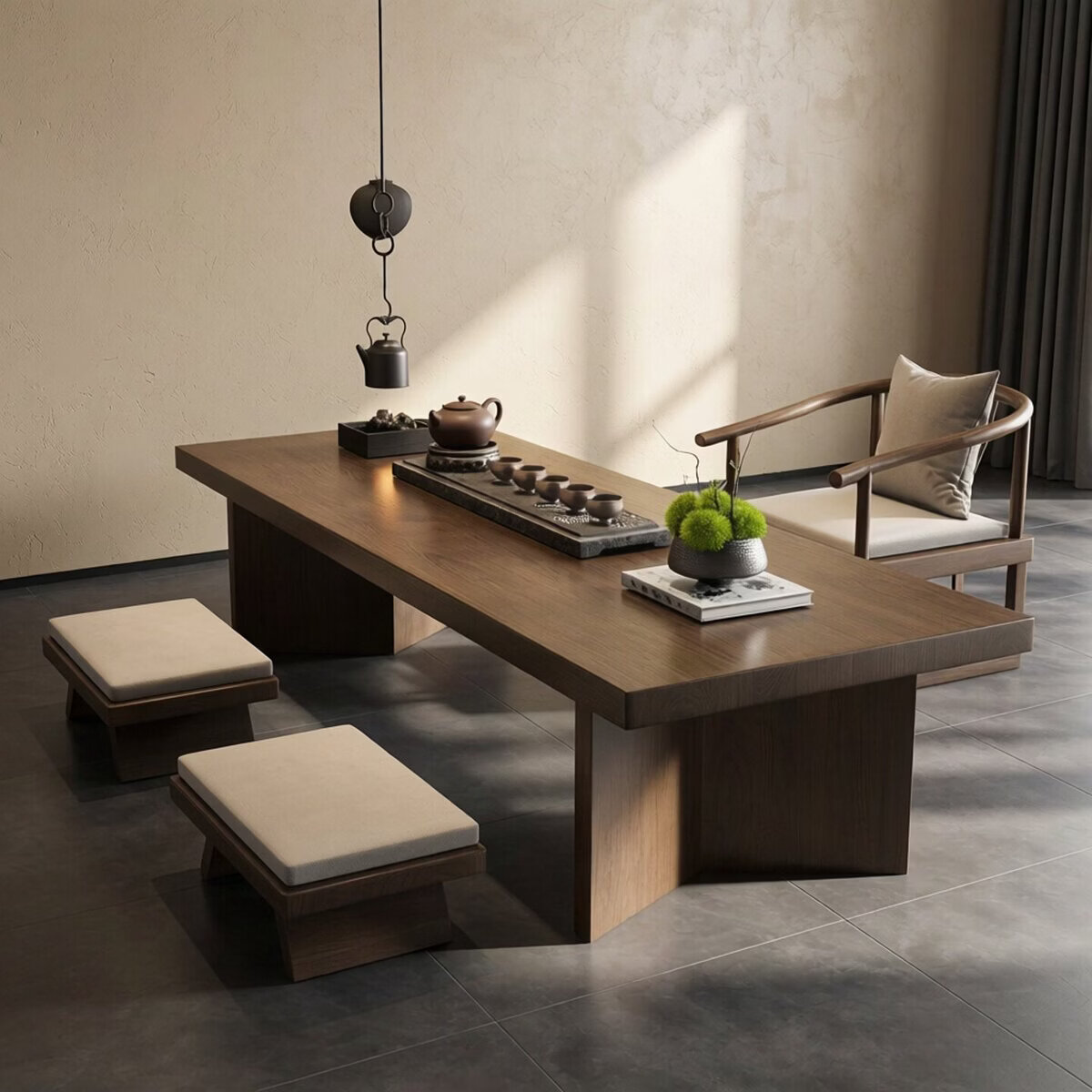 溥畔宋代美学茶桌禅意民宿接待喝茶飘窗矮款茶几 白蜡木茶桌：180x60x33x3cm