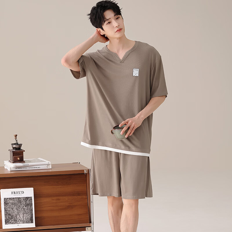 都市丽人男士睡衣夏季薄款冰丝短袖短裤凉感透气男生可外穿家居服套装 凉感男士短袖短裤-藏青色 L （建议105-135斤）