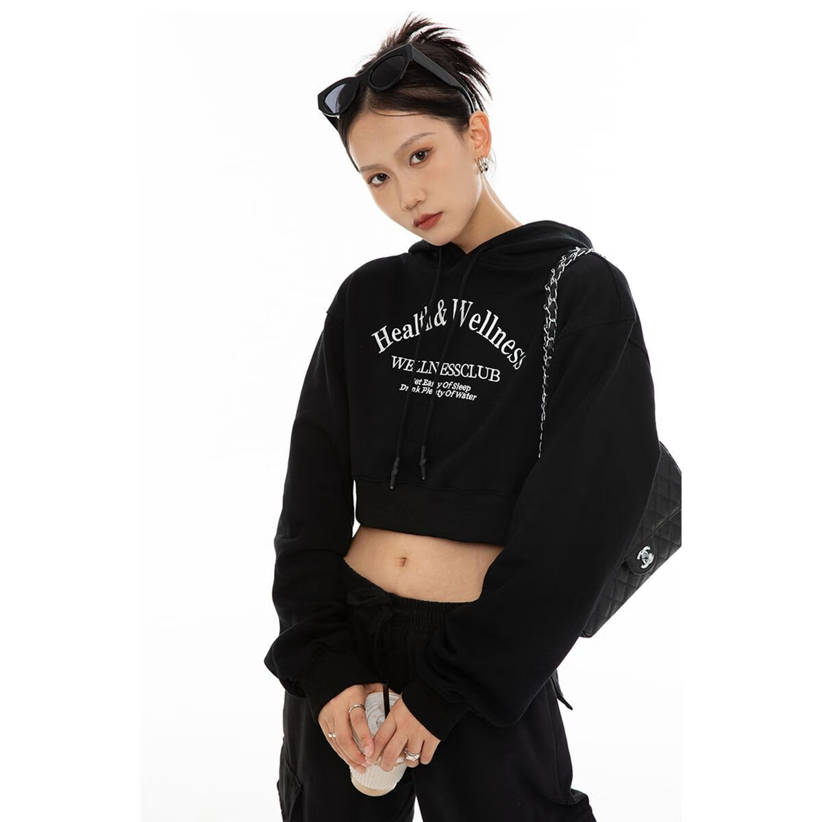 女韩版洋气时尚新款小个子秋冬上衣美式复古2023露肚脐长 黑色春秋 高