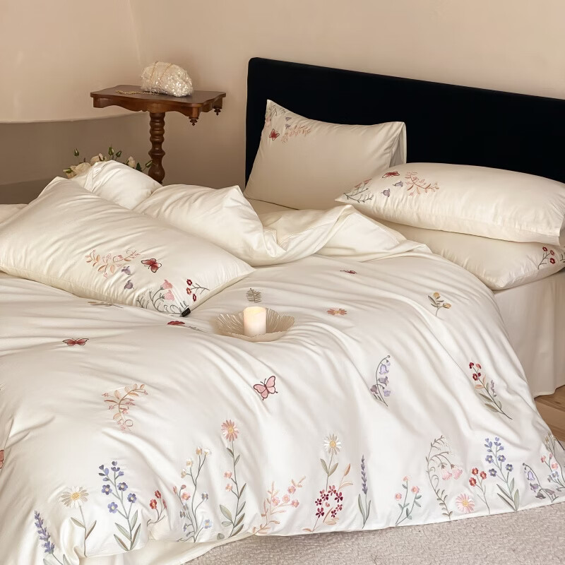 ROLAND LIVE春夏长绒棉四件套小清新绣花被套花园风全棉床单裸睡四季床上用品 SY 长绒棉绣花四件套-花园街奶白 1.5米床 床单款 【被套200*230cm】