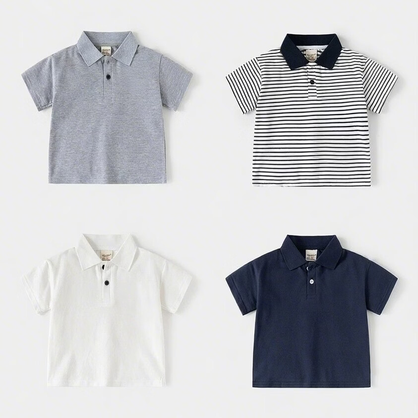 韩版童装2026夏装男童POLO衫儿童短袖T恤时尚纯色袖标 灰色 90