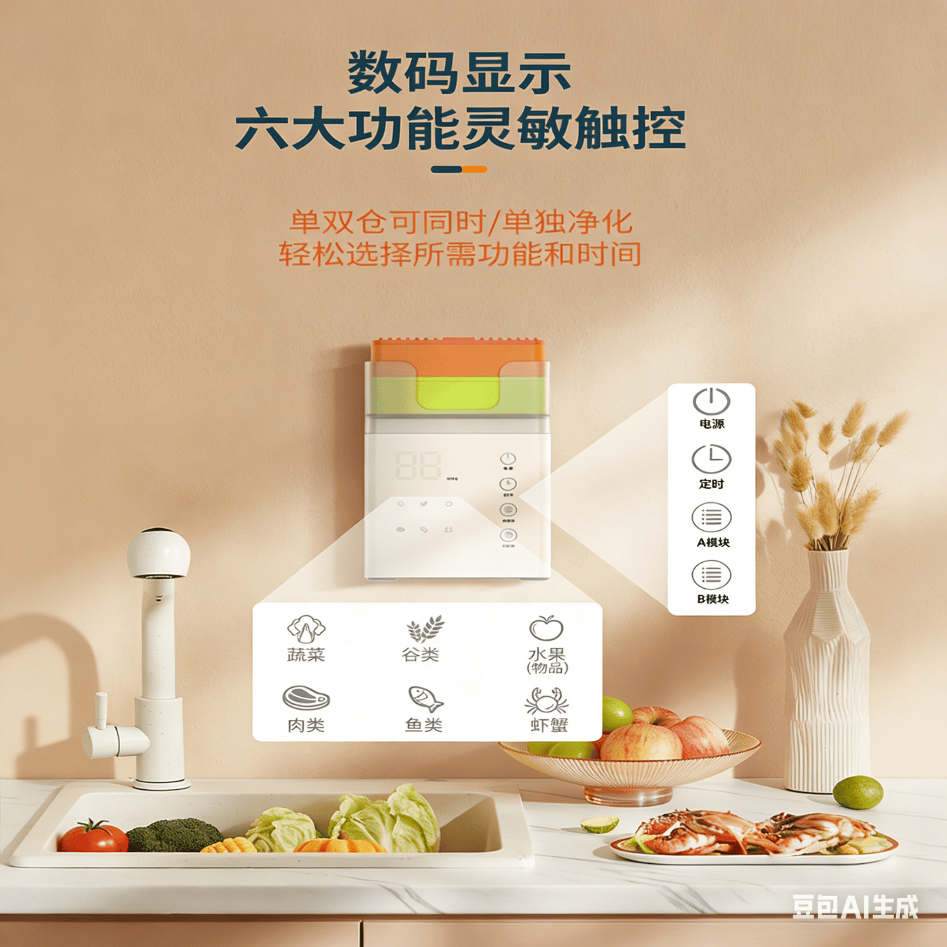 三釜创品果蔬清洗机净化机食材净化机水果蔬菜肉类谷物多功能清洗器杀菌去农残洗菜机清洗器 【旗舰双头升级款】纯钛电解片|台式挂壁两用