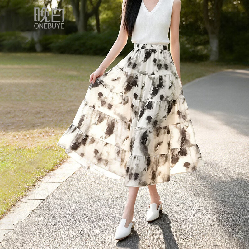 晚白【新品】2026年春款时尚休闲印花蛋糕裙松紧高腰宽松A字半身裙 花色 M