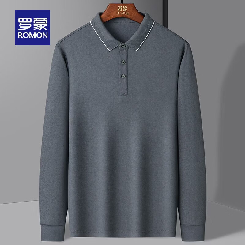 罗蒙（ROMON）抗菌长袖t恤男秋冬新款青年商务休闲百搭含桑蚕丝翻领T恤打底衫 灰色 L 175【建议体重120-130斤左右】