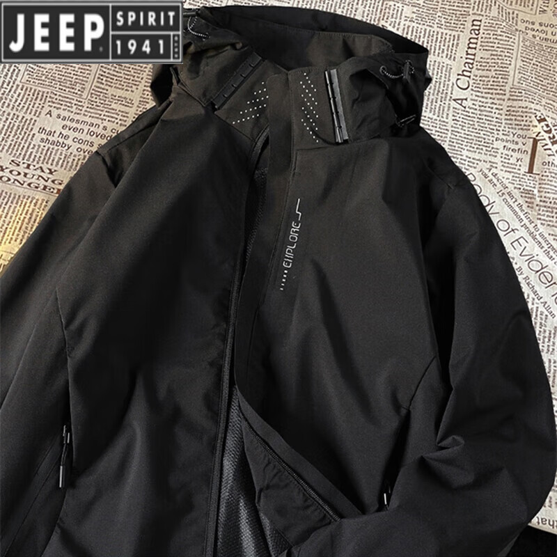 吉普(jeep)【黑武士冲锋衣】美式高领连帽工装夹克男秋冬情侣穿搭机能