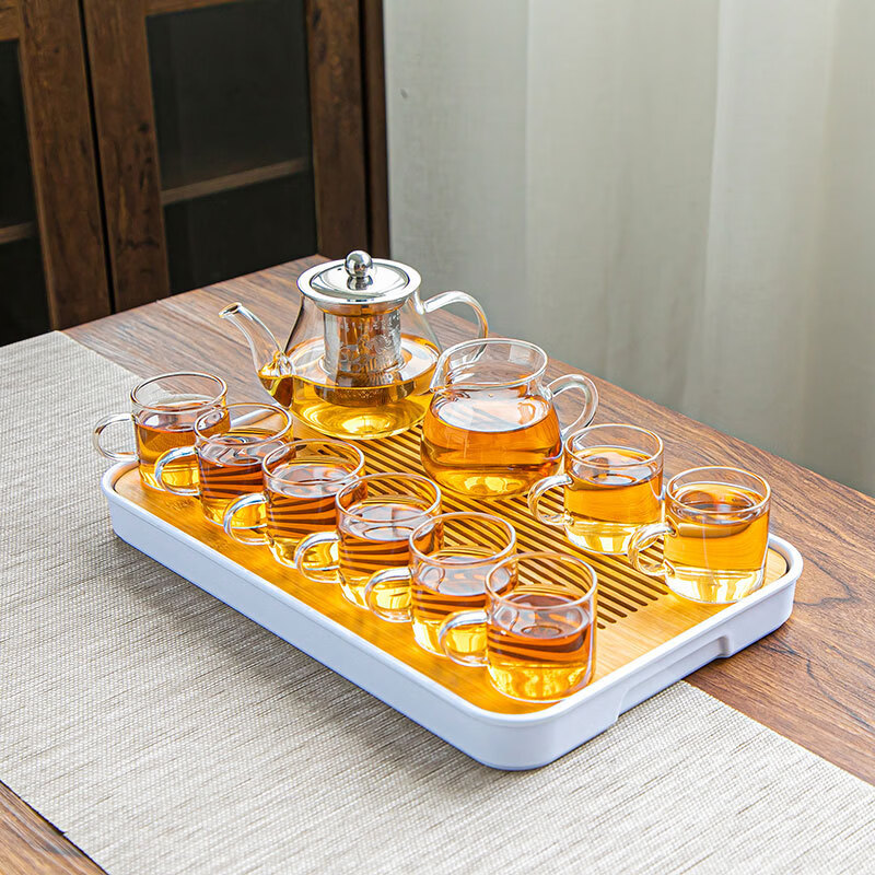溥畔耐热玻璃功夫茶具套装家用泡茶器透明茶杯带把红茶花茶壶办公茶壶 [烟灰]八骏壶+把杯10件套+茶道+胡桃春羡盘