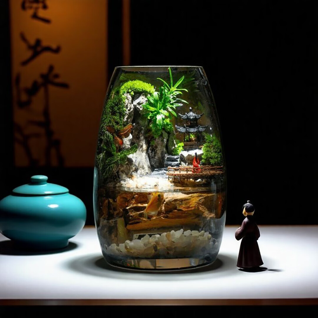 封茗生态瓶苔藓微景观青苔造景缸植物办公室绿植桌面微景瀑布养鱼盆栽 红衣女微景瀑布A款+植物灯（可养鱼）