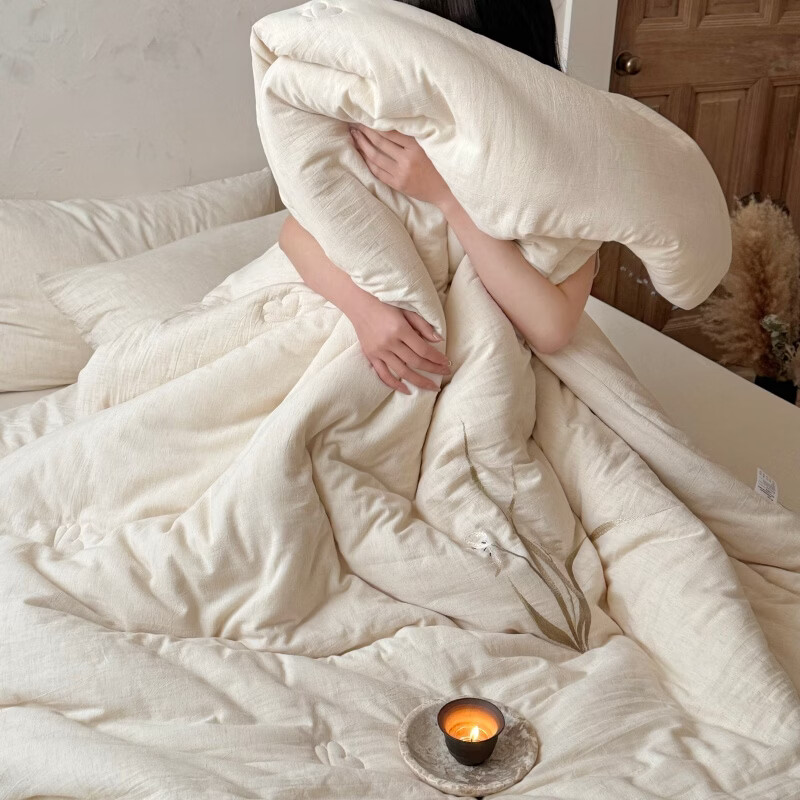 ROLAND LIVE被子水洗棉麻棉花被绣花春秋被透气柔软单双人冬被卧室被芯床品 LB 棉麻棉花被子-织里 春秋被150cm*200cm【约3.1斤】