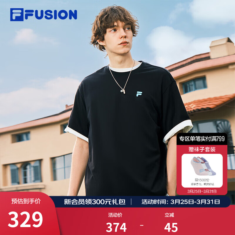 FILA FUSION斐乐潮牌情侣款针织短袖衫2026春新款凉感休闲宽松纯棉T恤 正黑色-BK M 170/92A/M