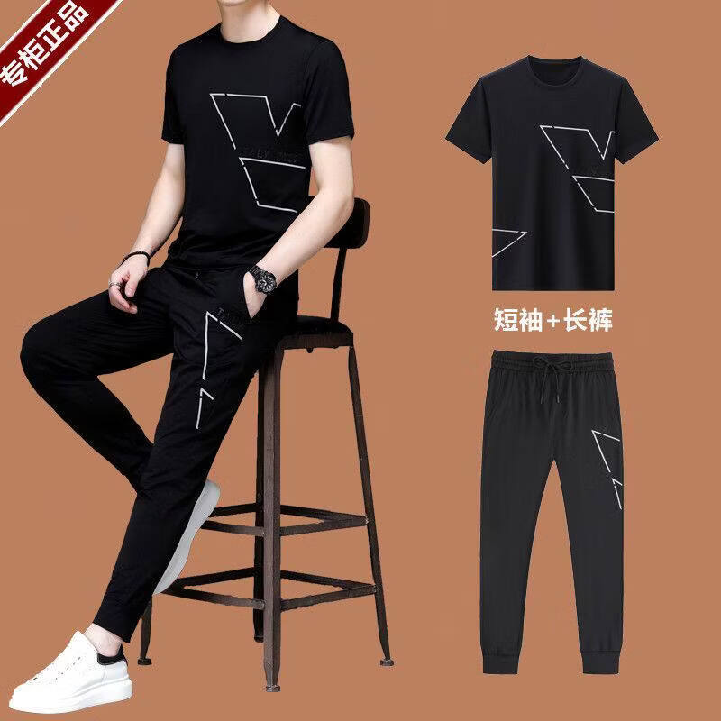 GABBANIE意大利正品新款运动服套装男士桑蚕丝短袖休闲夏装潮流高端 一线品牌QDY9363黑色-短袖+长裤_两件套 L 170_【建议120-135斤】 京东折扣/优惠券