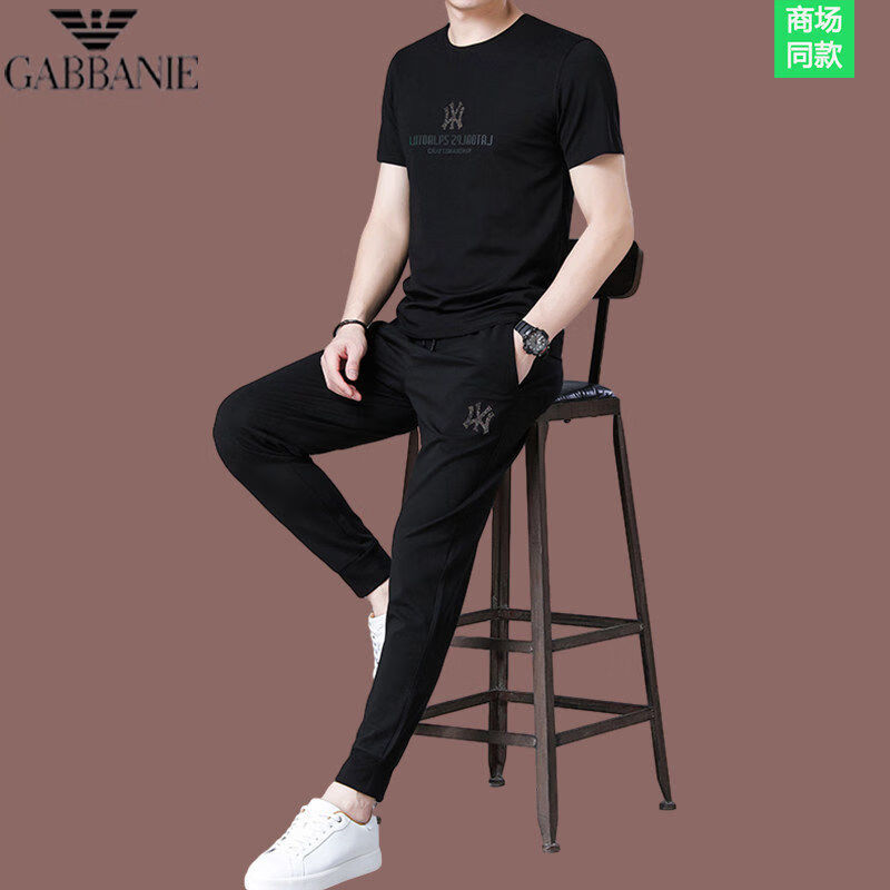 GABBANIE正品高端品牌桑蚕丝短袖男士休闲运动服男套装夏季男装潮高 十大奢侈品男装国际一线品牌18296三件套 L 175