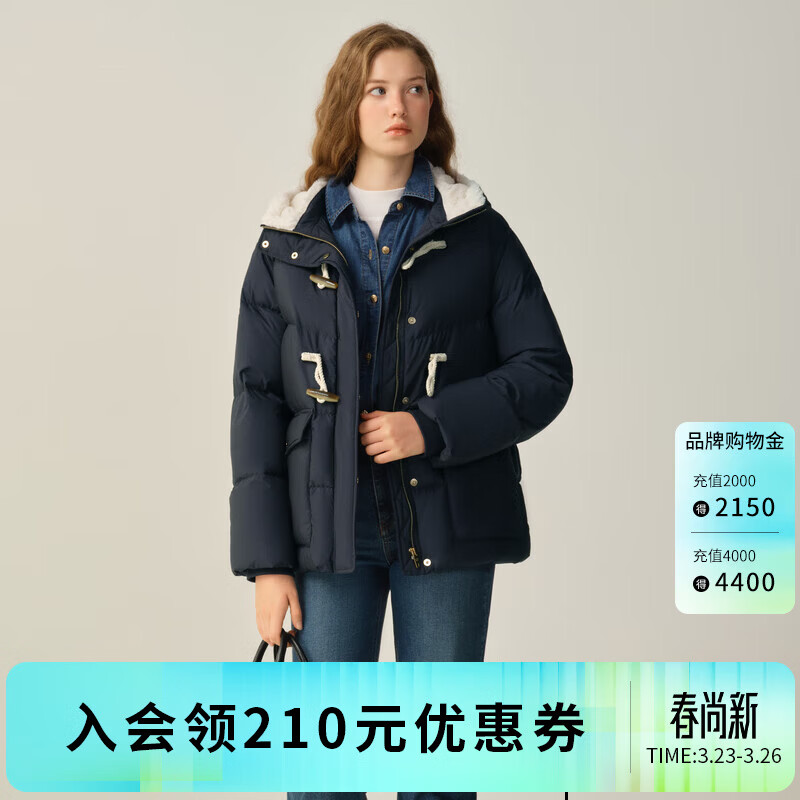 ELAND衣恋羽绒服女时尚带帽长袖鸭绒外套新款 藏青色(59)Navy M /165