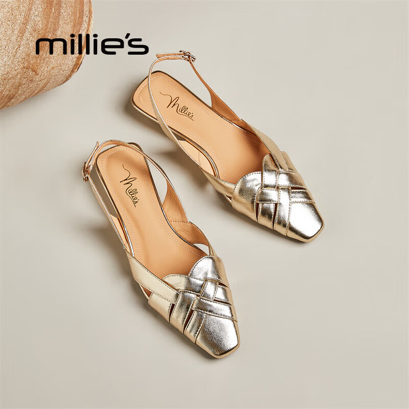 妙丽(Millies)凉鞋女包头低跟编织复古后绑带休闲百搭2025夏季新款 金色 39 (245mm) 标准码