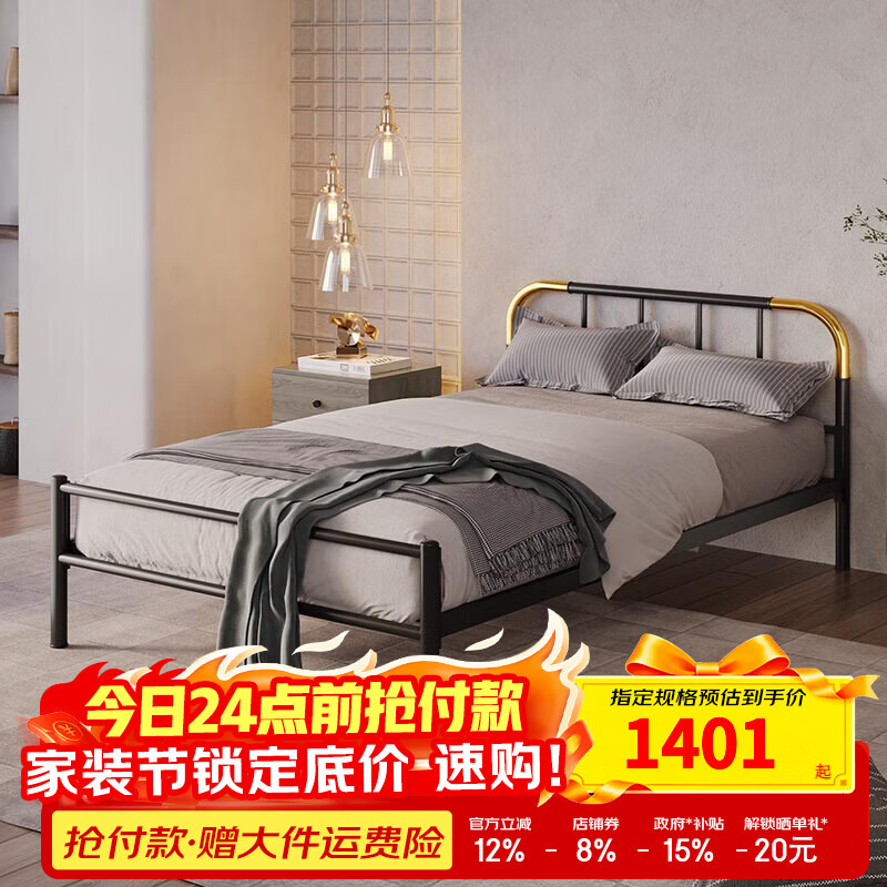 天坛家具铁艺床经典单双人钢木铁床现代环保简约小户型黑白色铁艺婚床 铁艺床（黑色）（不含床垫） 1.5*2.0m