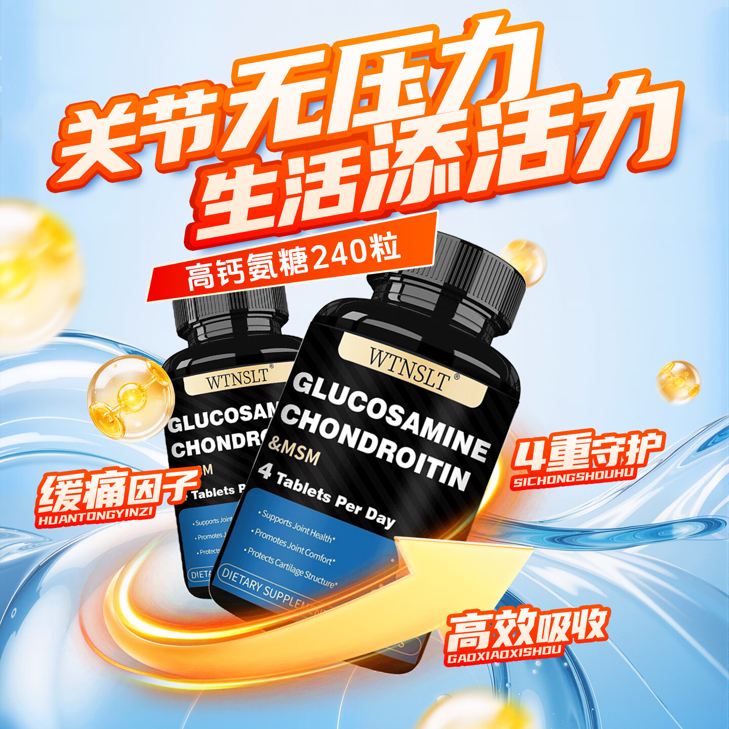 WTNSLT氨糖软骨素钙片240粒含MSM 缓解关节疼痛 美国进口氨糖维骨力  3瓶巩固【骨质疏松关节疼痛呵护关节】 240粒*3瓶