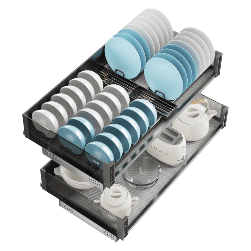 諾米廚房櫥柜拉籃抽屜式收納架碗碟大容量收納抽屜式碗碟架置物架 600柜雙層套裝（平籃+碗籃）-洛世奇系列